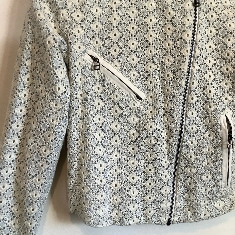 Anthropologie Dolan Rossi Eyelet Moto Jacket Cropped Cream Blue Zip Womens SZ XS - Picture 5 of 9